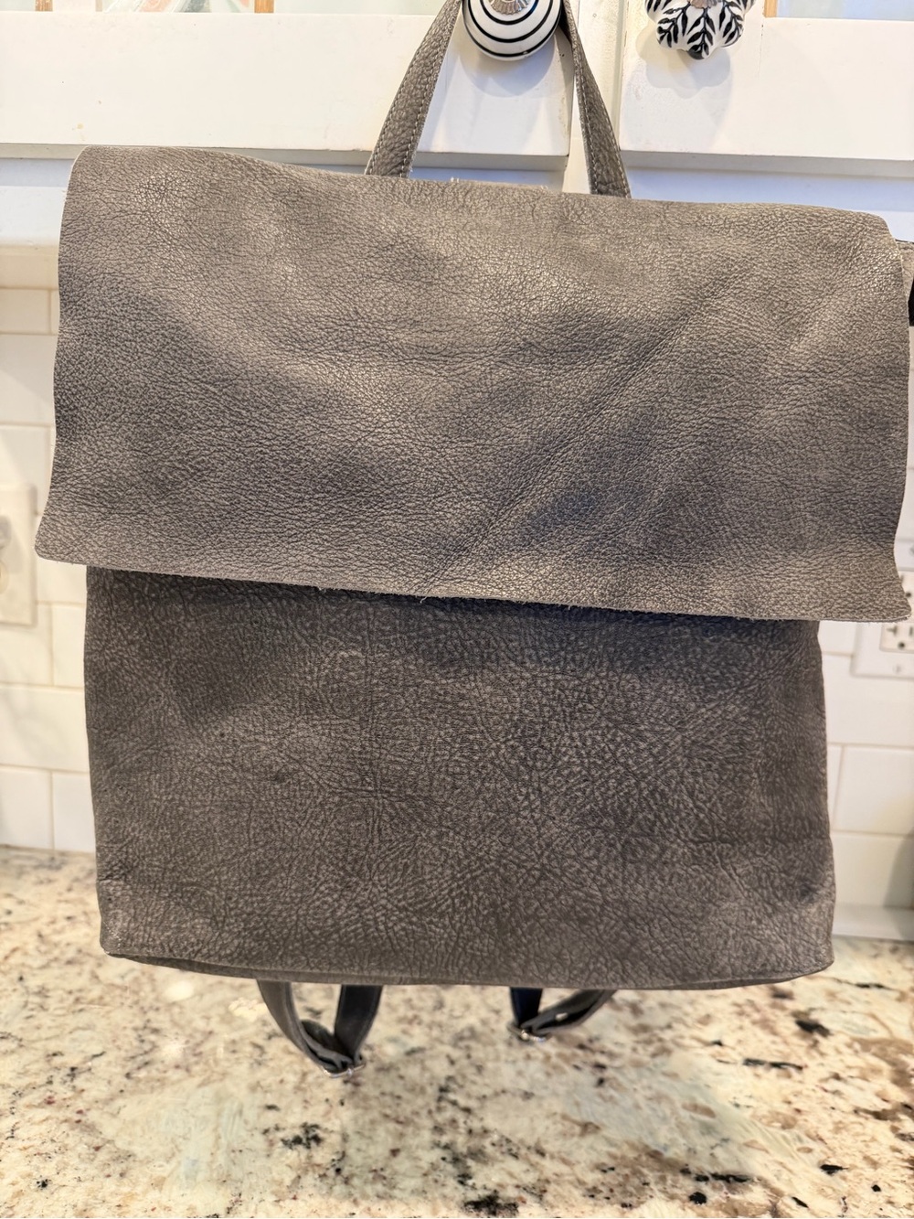 Eileen Fisher Gray Fold-Over Leather Backpack - Picture 13 of 15
